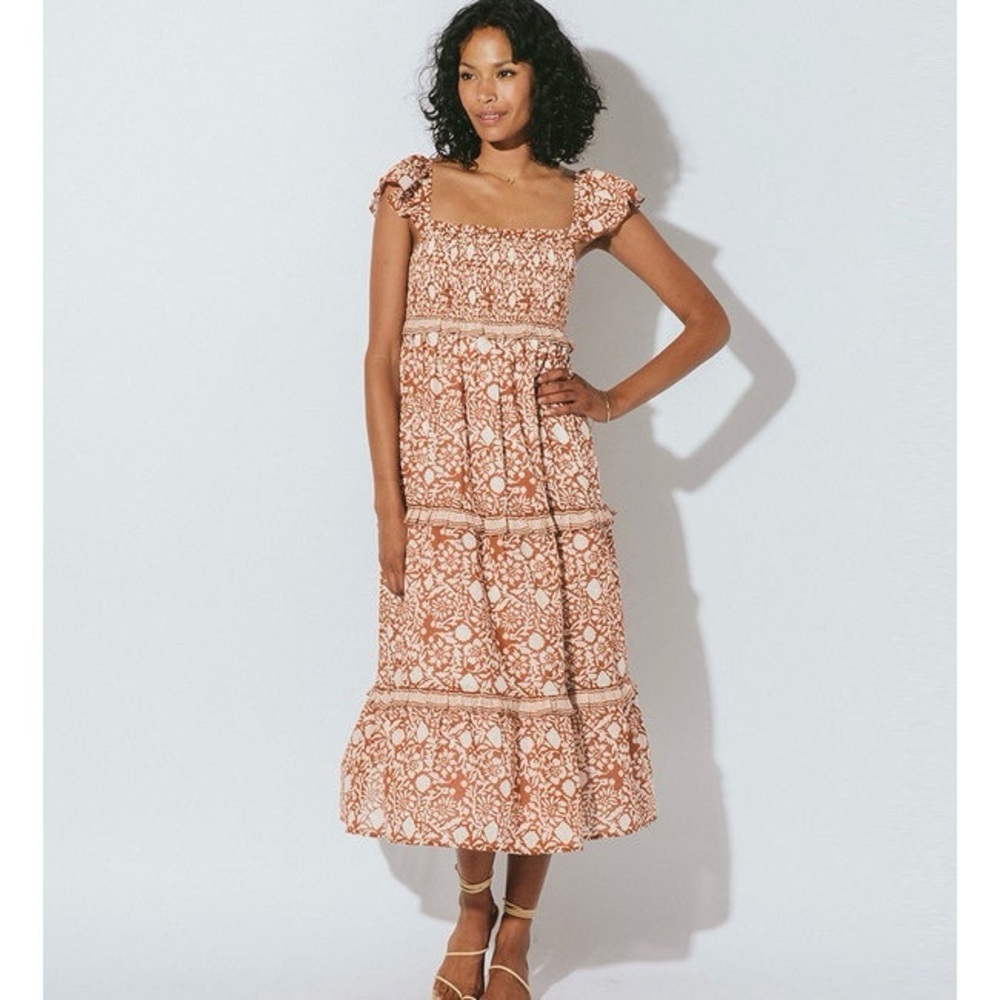 Cleobella Frida Smocked Boho Midi Dress Organic Cotton Pockets Size L
